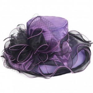 Sun Hats Women Organza Church Kentucky Derby Dress Fascinator Wide Brim Floral Tea Party Wedding Hat - Purple With Black - CY...