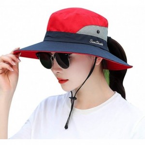 Sun Hats Women's Sun Hat Outdoor UV Protection Bucket Mesh Boonie Hat Adjustable Fishing Safari Cap Waterproof - Red&navy - C...