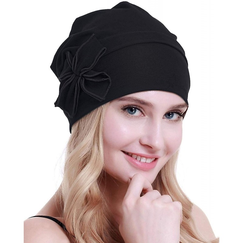 Skullies & Beanies Cotton Chemo Turbans Headwear Beanie Hat Cap for Women Cancer Patient Hairloss - Cotton Black - CF18X7Z0T8...