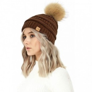 Skullies & Beanies Cable Knit Pom Pom Beanie Womens Winter Warm Faux Fur Pompoms Bobble Ski Hat Cap - Coffee - CV18K4AHI43 $8.06