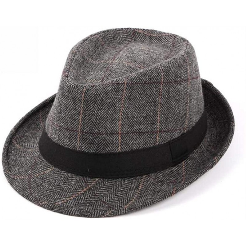 Fedoras Mens Plaid Manhattan Trilby Fedora Hats Gangster Cuban Style Derby Hat Jazz Cap Grey- 56-58cm - C218A2LTWIX $9.59