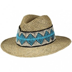 Sun Hats Seagrass Teal Blue Indie Sun Panama Hat- Havana Straw Fedora- Inner Drawstring - CK18OK2UEKT $34.70