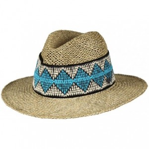 Sun Hats Seagrass Teal Blue Indie Sun Panama Hat- Havana Straw Fedora- Inner Drawstring - CK18OK2UEKT $13.88