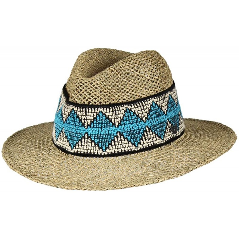 Sun Hats Seagrass Teal Blue Indie Sun Panama Hat- Havana Straw Fedora- Inner Drawstring - CK18OK2UEKT $13.88