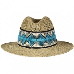 Sun Hats Seagrass Teal Blue Indie Sun Panama Hat- Havana Straw Fedora- Inner Drawstring - CK18OK2UEKT $13.88