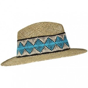 Sun Hats Seagrass Teal Blue Indie Sun Panama Hat- Havana Straw Fedora- Inner Drawstring - CK18OK2UEKT $13.88