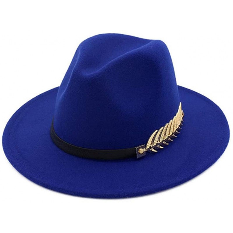 Fedoras Women's Wide Brim Fedora Panama Hat with Metal Belt Buckle - Blue-1 - C718NEKMMGM $13.08