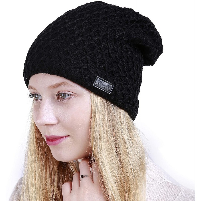 Skullies & Beanies Thick Warm Winter Beanie Hat Soft Stretch Slouchy Skully Knit Cap for Women - B-black - CX18HRS0SL0 $14.51