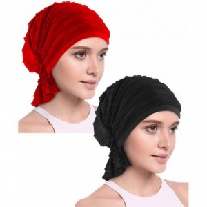 Skullies & Beanies Women Ruffle Chemo Headwear Slip-on Cancer Scarf Stretch Cap Turban for Hair Loss - 2 Pair Basic-black+red...