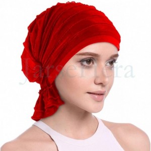 Skullies & Beanies Women Ruffle Chemo Headwear Slip-on Cancer Scarf Stretch Cap Turban for Hair Loss - 2 Pair Basic-black+red...