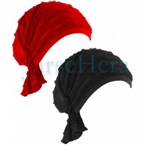 Skullies & Beanies Women Ruffle Chemo Headwear Slip-on Cancer Scarf Stretch Cap Turban for Hair Loss - 2 Pair Basic-black+red...