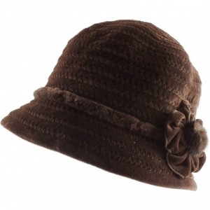 Bucket Hats Wool Striped Dressy Cloche Bucket Packable Warm Winter Hat with Fur Flower Trim - Brown - CV12HI5Y82H $35.51
