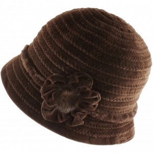 Bucket Hats Wool Striped Dressy Cloche Bucket Packable Warm Winter Hat with Fur Flower Trim - Brown - CV12HI5Y82H $22.25