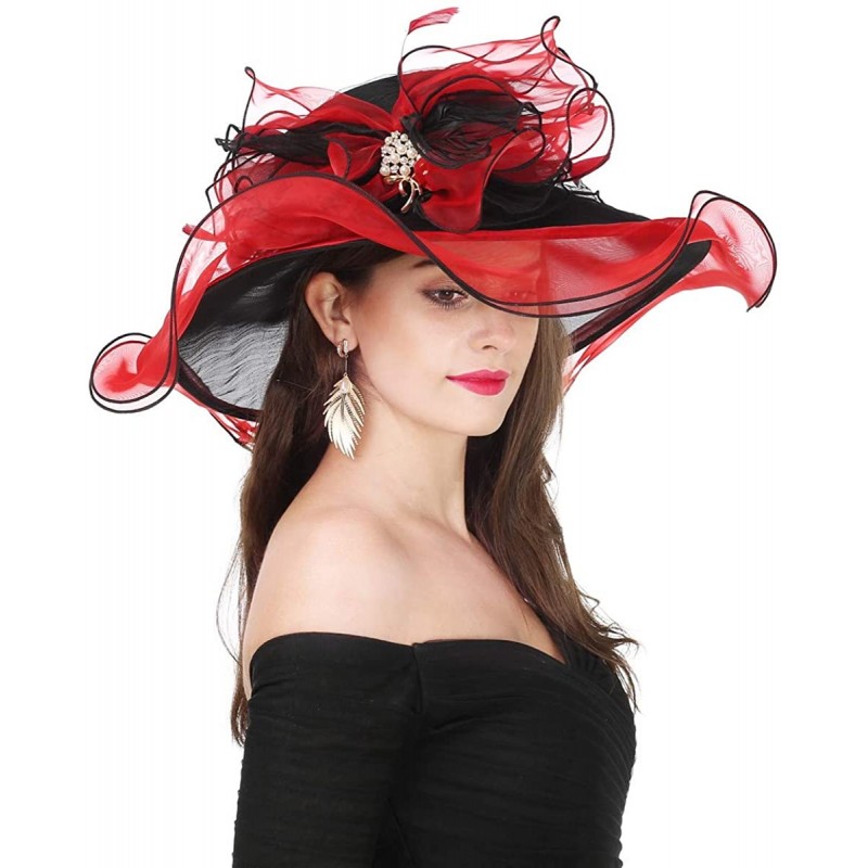 Sun Hats Women Kentucky Derby Church Cap Wide Brim Summer Sun Hat for Party Wedding - Bowknot-black/Red - CL1803ROT4T $24.80