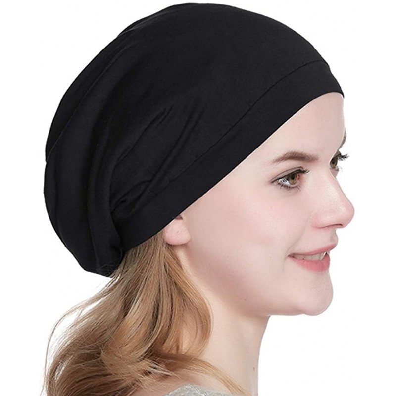 Skullies & Beanies Satin Lined Sleep Cap Slouchy Slap Hat — Soft Elastic Band- Stay All Night - Black - C218HUXCY06 $11.13