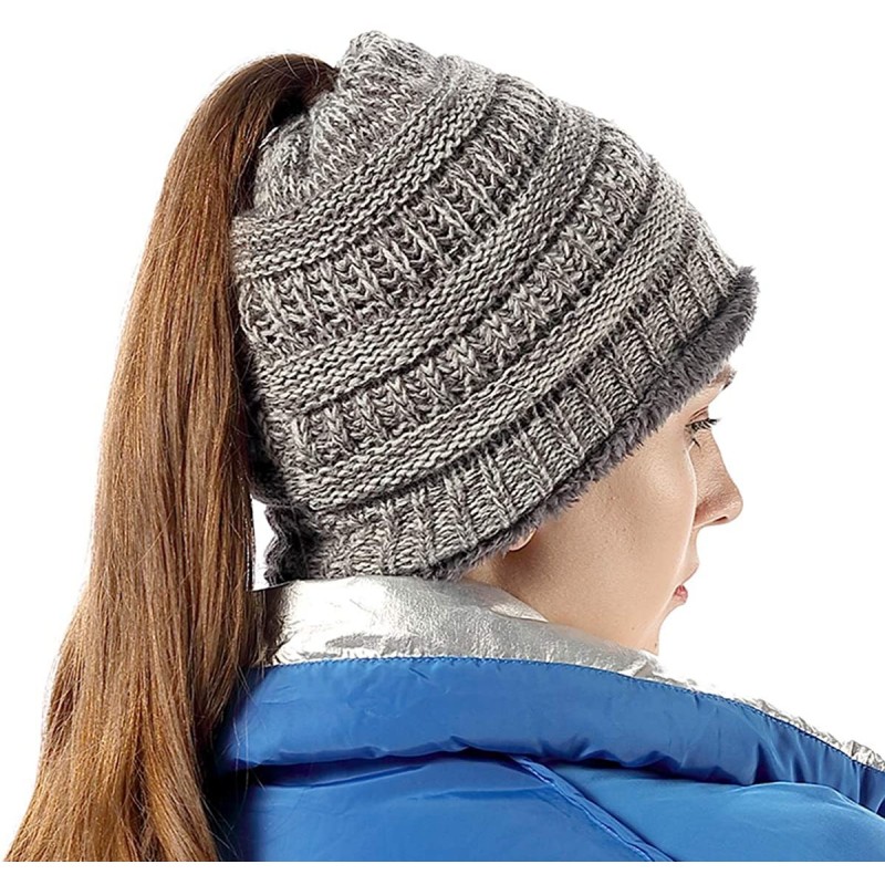 Skullies & Beanies Womens Ponytail Beanie Hats Warm Fuzzy Lined Soft Stretch Cable Knit Messy High Bun Cap - C118IOXOA5U $10.14
