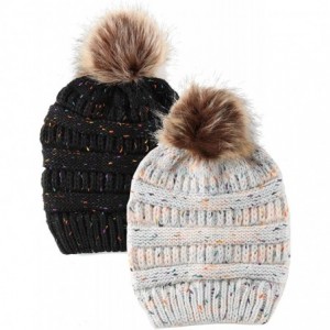 Skullies & Beanies Women's Beanie Faux Fur Pompom Winter Beanie Pom Pom Confetti Cable Knit Ribbed Hat Cap - CM18A903Z4O $20.27