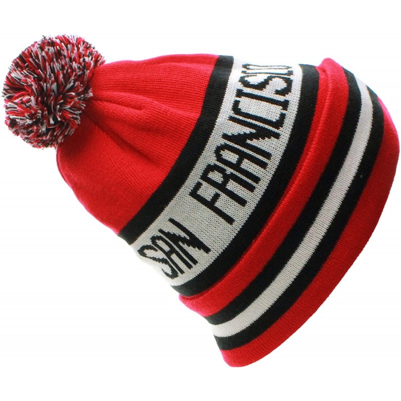 Skullies & Beanies USA Favorite City Cuff Winter Beanie Knit Pom Pom Hat Cap - San Francisco - Red Black - C011Q2UB3QJ $9.64