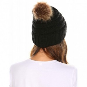 Skullies & Beanies Faux Fur Pom Pom Cable Knit Beanie Women Slouchy Beanie Chunky Baggy Hat Winter Soft Warm Ski Cap - Black ...