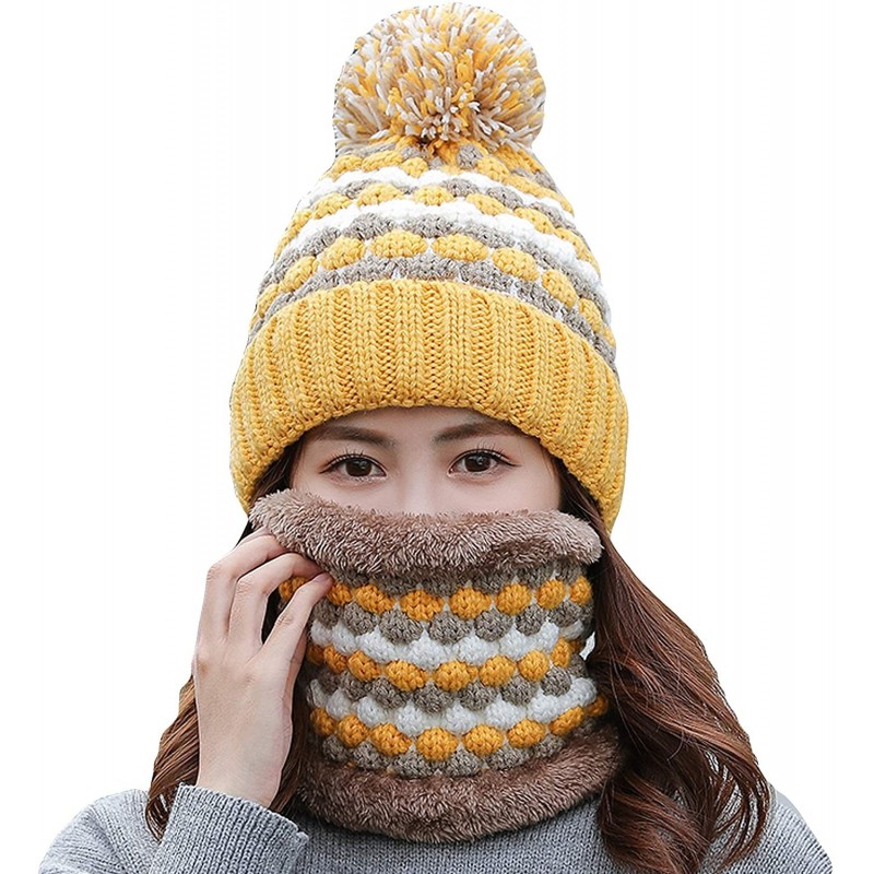 Skullies & Beanies 2 Pcs Knitted Hat Scarf Set for Women Winter Warm Fleece Lined Beanie Hat Ski Hat with Pompom - Yellow - C...