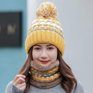 Skullies & Beanies 2 Pcs Knitted Hat Scarf Set for Women Winter Warm Fleece Lined Beanie Hat Ski Hat with Pompom - Yellow - C...