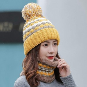 Skullies & Beanies 2 Pcs Knitted Hat Scarf Set for Women Winter Warm Fleece Lined Beanie Hat Ski Hat with Pompom - Yellow - C...