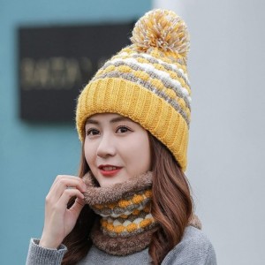 Skullies & Beanies 2 Pcs Knitted Hat Scarf Set for Women Winter Warm Fleece Lined Beanie Hat Ski Hat with Pompom - Yellow - C...