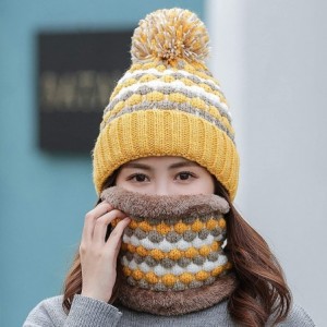 Skullies & Beanies 2 Pcs Knitted Hat Scarf Set for Women Winter Warm Fleece Lined Beanie Hat Ski Hat with Pompom - Yellow - C...