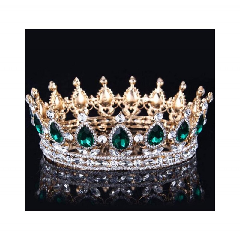 Headbands Vintage Wedding Crystal Rhinestone Crown Bridal Queen King Tiara Crowns-Gold green - Gold green - CI18WSE3A4U $66.22