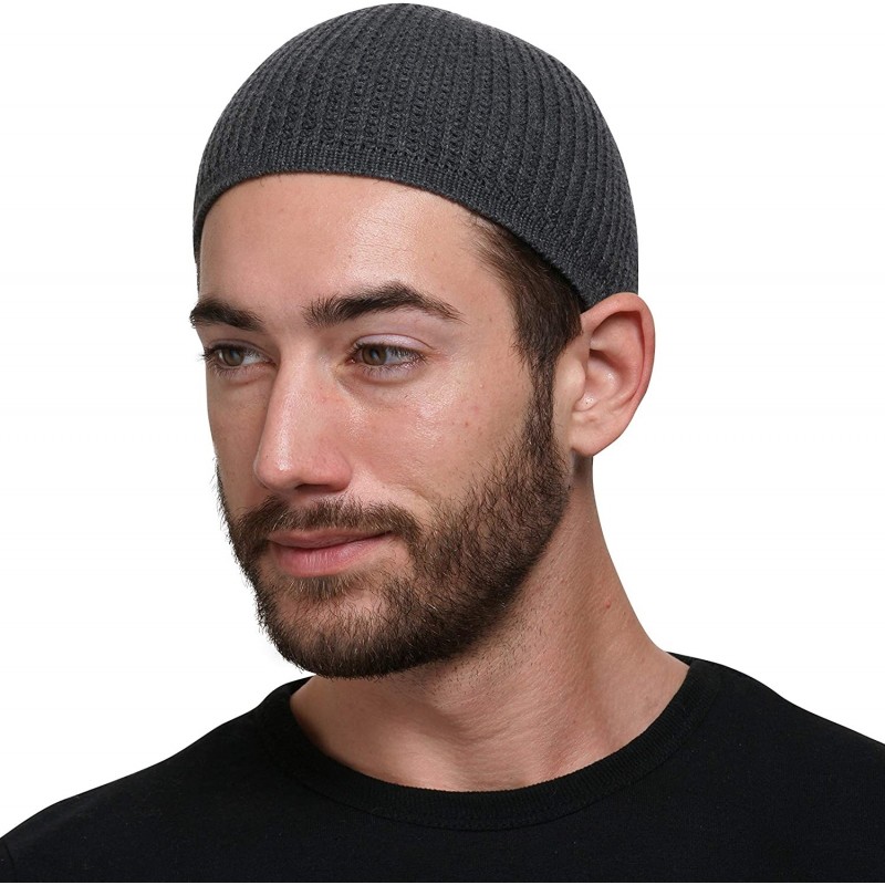 Skullies & Beanies Cotton Skull Cap Beanie Kufi with Checkered-Knit Pattern in Solid Colors for Everyday Wear - Gray - CR18TH...