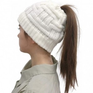 Skullies & Beanies Womens Beanie Stretch Cable Knit Messy Bun Ponytail Beanies Hats - White - CJ1930CQ6W2 $17.85
