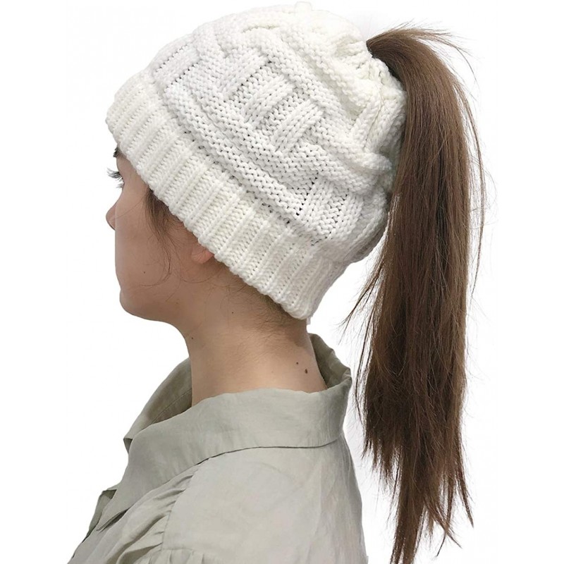 Skullies & Beanies Womens Beanie Stretch Cable Knit Messy Bun Ponytail Beanies Hats - White - CJ1930CQ6W2 $12.06