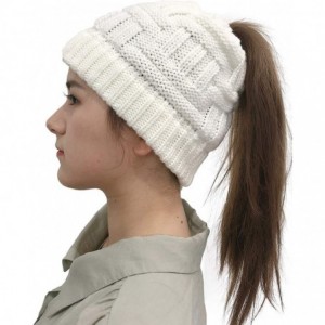 Skullies & Beanies Womens Beanie Stretch Cable Knit Messy Bun Ponytail Beanies Hats - White - CJ1930CQ6W2 $12.06