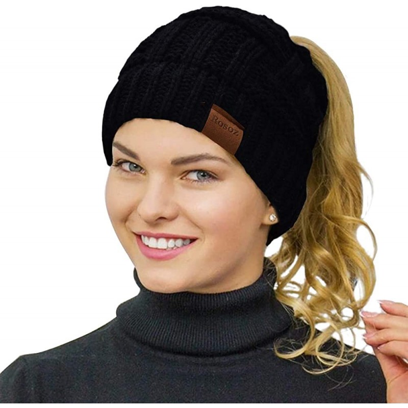 Skullies & Beanies Ponytail Beanie for Women-Winter Warm Beanie Tail Soft Stretch Cable Knit Messy High Bun Hat Black - CF18Y...