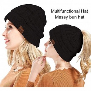 Skullies & Beanies Ponytail Beanie for Women-Winter Warm Beanie Tail Soft Stretch Cable Knit Messy High Bun Hat Black - CF18Y...
