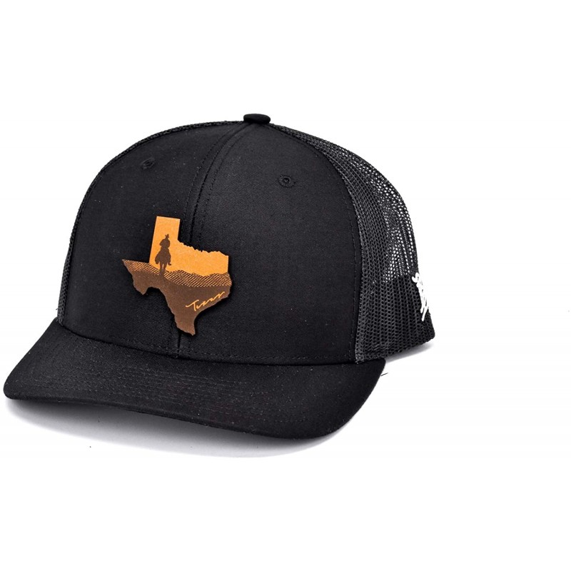 Baseball Caps 'The Texas Cowboy' Leather Patch Hat Curved Trucker - Black/Black - C718IGR2K4Y $22.89