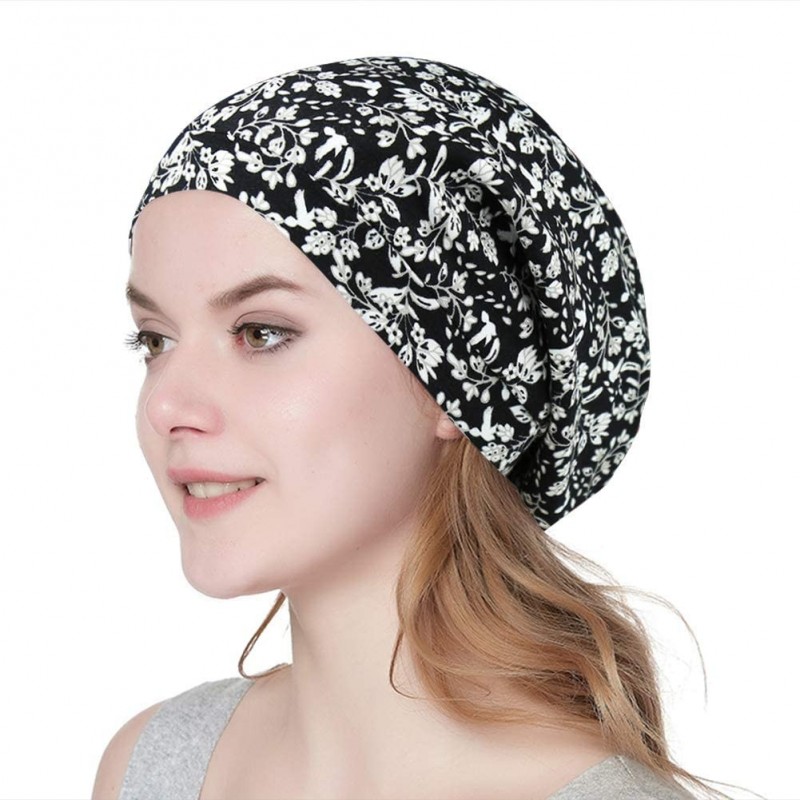 Skullies & Beanies Satin Lined Sleep Cap Slouchy Slap Hat — Soft Elastic Band- Stay All Night - Black Pattern - CJ18HUWGUOO $...