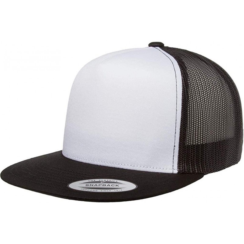 Baseball Caps Yupoong 6006 Flatbill Trucker Mesh Snapback Hat with NoSweat Hat Liner - White Front/Black - CI18O80GDQW $12.95