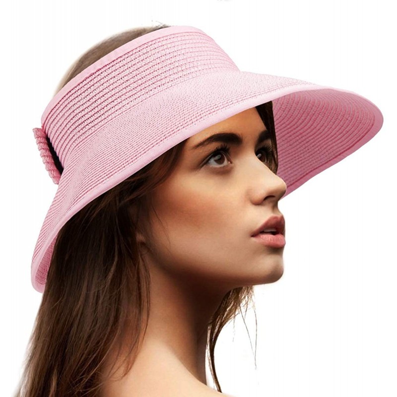Visors Foldable Sun Visors for Women - Beach Hat Wide Brim Sun Hat Roll-Up Straw Hat - CJ18T4QTOQC $12.21