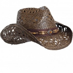 Cowboy Hats Straw Cowboy Hat W/Vegan Leather Band & Beads- Shapeable Brim- Beach Cowgirl - Brown - CO11UYA79UL $19.54