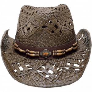 Cowboy Hats Straw Cowboy Hat W/Vegan Leather Band & Beads- Shapeable Brim- Beach Cowgirl - Brown - CO11UYA79UL $19.54