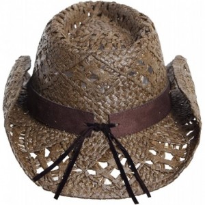 Cowboy Hats Straw Cowboy Hat W/Vegan Leather Band & Beads- Shapeable Brim- Beach Cowgirl - Brown - CO11UYA79UL $19.54