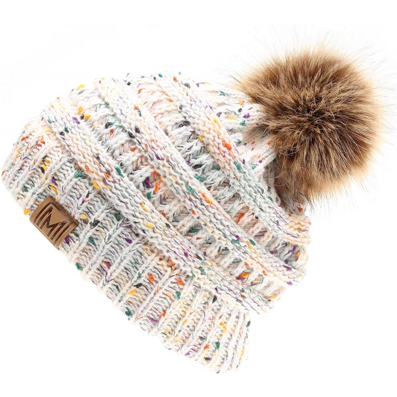 Skullies & Beanies Women's Soft Stretch Cable Knit Warm Skully Faux Fur Pom Pom Beanie Hats - Confetti - Off White - C918W3UW...