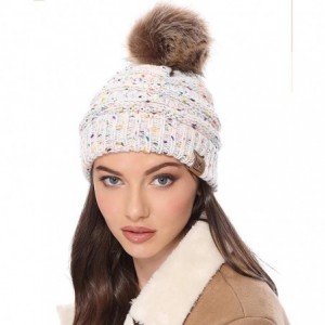 Skullies & Beanies Women's Soft Stretch Cable Knit Warm Skully Faux Fur Pom Pom Beanie Hats - Confetti - Off White - C918W3UW...