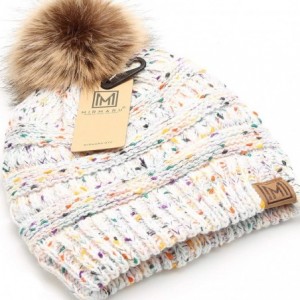 Skullies & Beanies Women's Soft Stretch Cable Knit Warm Skully Faux Fur Pom Pom Beanie Hats - Confetti - Off White - C918W3UW...
