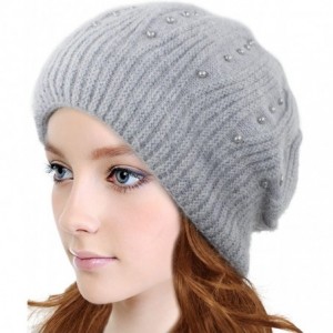 Skullies & Beanies Women's Angora Blend Beanie Hat - Dual Layer Pearl Accent Edge - Slouch Beanie - Gray - CZ11GK9IBLR $16.58