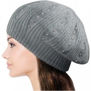 Skullies & Beanies Women's Angora Blend Beanie Hat - Dual Layer Pearl Accent Edge - Slouch Beanie - Gray - CZ11GK9IBLR $16.58