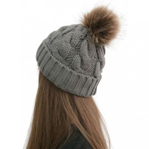 Skullies & Beanies Womens Winter Beanie Hat- Warm Fleece Lined Knitted Soft Ski Cuff Cap with Pom Pom - Dark Gray - CG18A6Y5H...