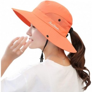 Sun Hats Women's Summer Mesh Wide Brim Sun UV Protection Hat with Ponytail Hole - Pure Orange - CB18TGN700H $31.10
