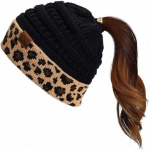 Skullies & Beanies Beanie Ponytail Beanie Messy bun Beanie Soft Warm Cable Winter Chunky Skull Cap - Leopard Black - CY192H7O...